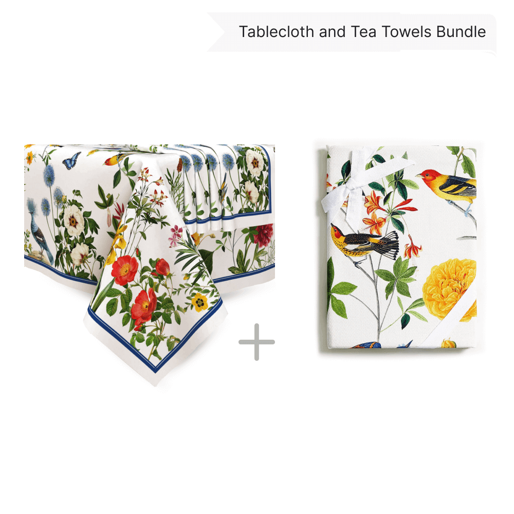 Flowers and Birds Tablecloth Accompanied by a set of 4 Napkins and Two Tea Towels