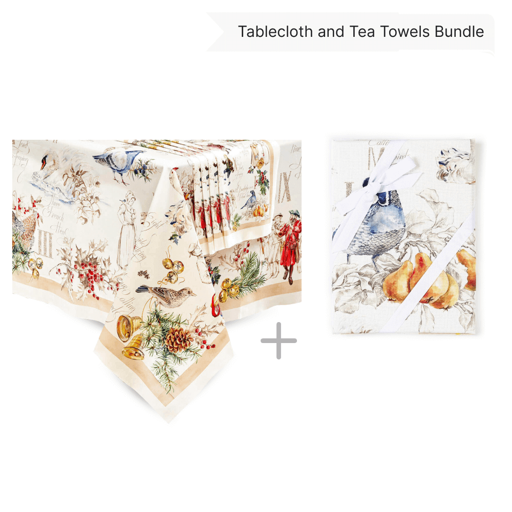 12 Days of Christmas Tablecloth Accompanied by a set of 4 Napkins and Two Tea Towels