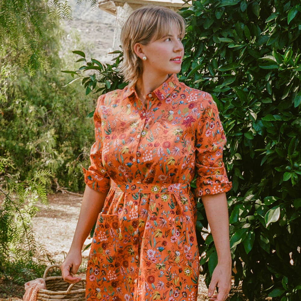 IC023 Faille 100% Cotton Fabric Orange / Mlt Pablo Flowers Softened