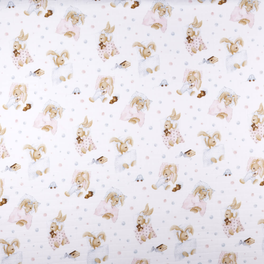 IC008 Muslin 100% Cotton Fabric White / Mlt Sleeping Rabbits Softened
