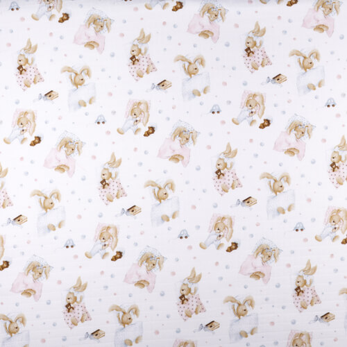 IC008 Muslin 100% Cotton Fabric White / Mlt Sleeping Rabbits Softened