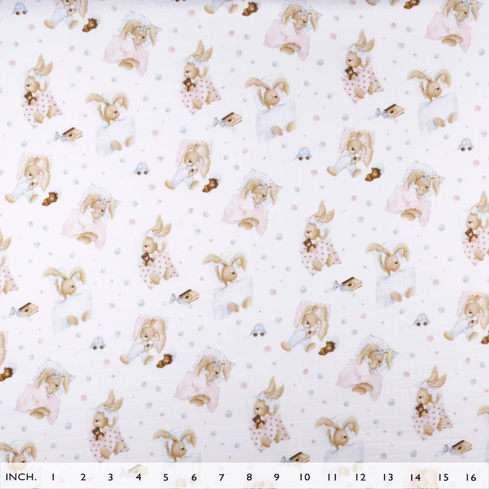 IC008 Muslin 100% Cotton Fabric White / Mlt Sleeping Rabbits Softened
