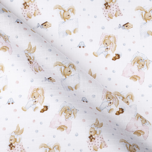 IC008 Muslin 100% Cotton Fabric White / Mlt Sleeping Rabbits Softened