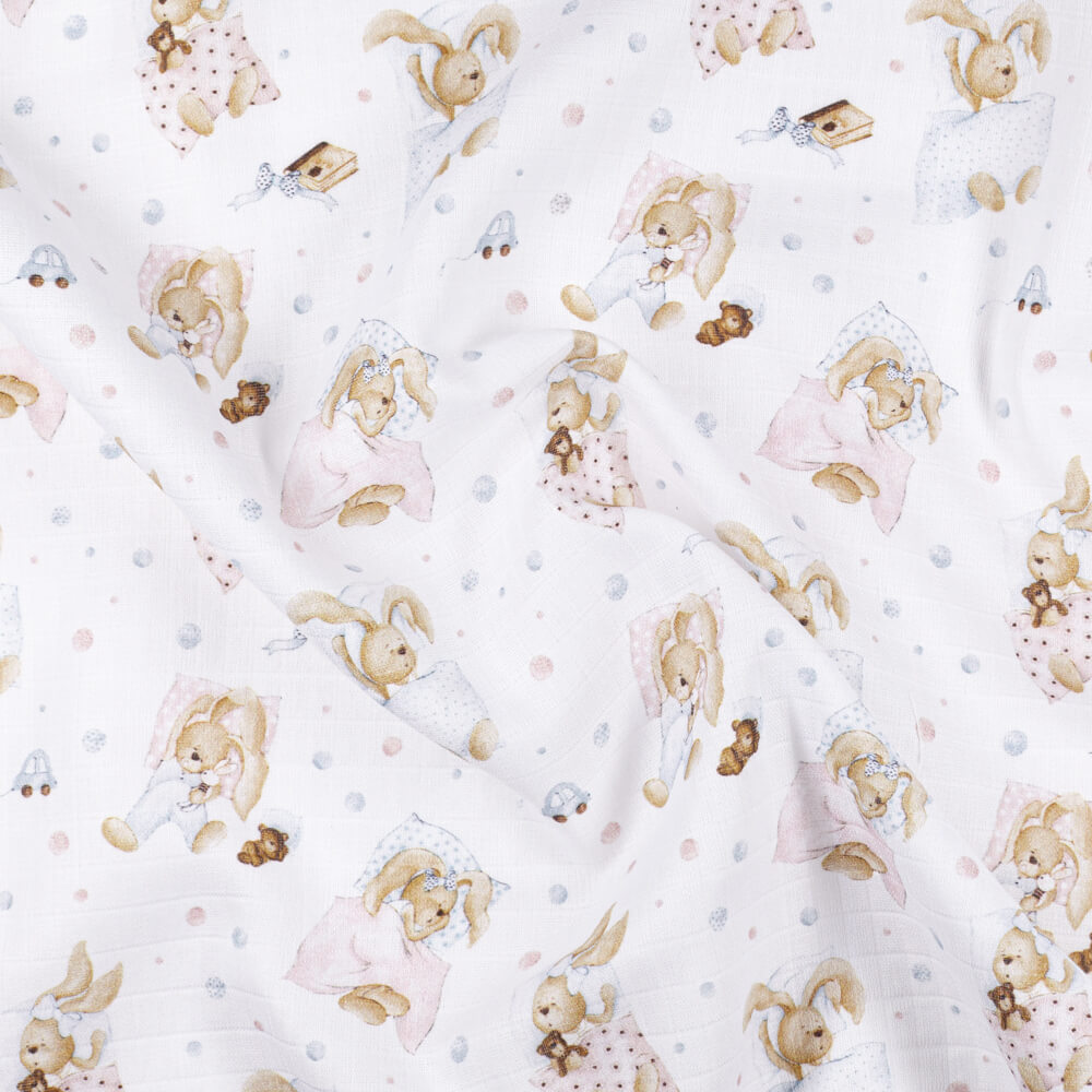 IC008 Muslin 100% Cotton Fabric White / Mlt Sleeping Rabbits Softened
