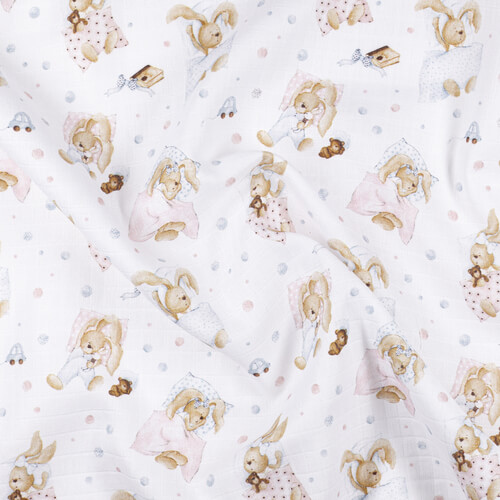 IC008 Muslin 100% Cotton Fabric White / Mlt Sleeping Rabbits Softened