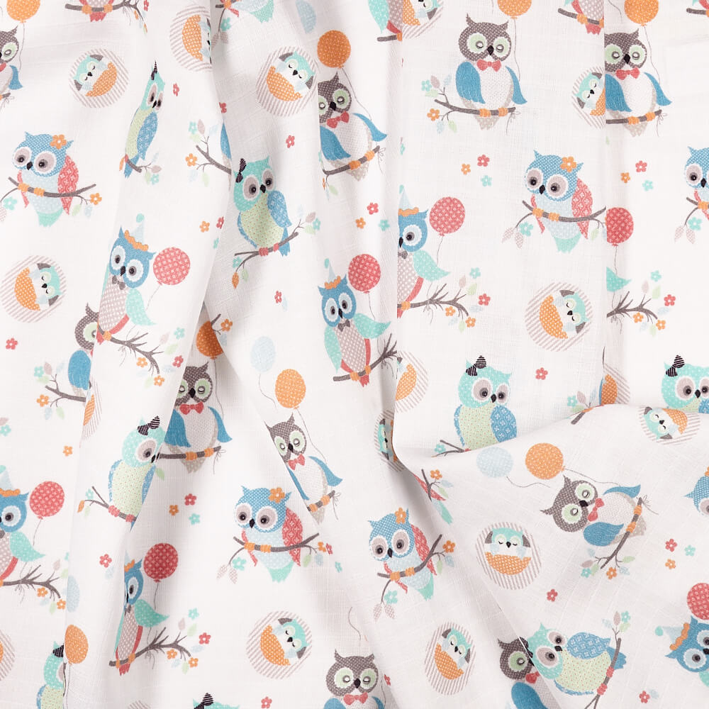 IC008 Muslin 100% Cotton Fabric Blue / White Owlets Softened