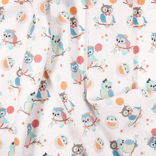 Fabric IC008 Muslin 100% Cotton Fabric Blue / White Owlets Softened