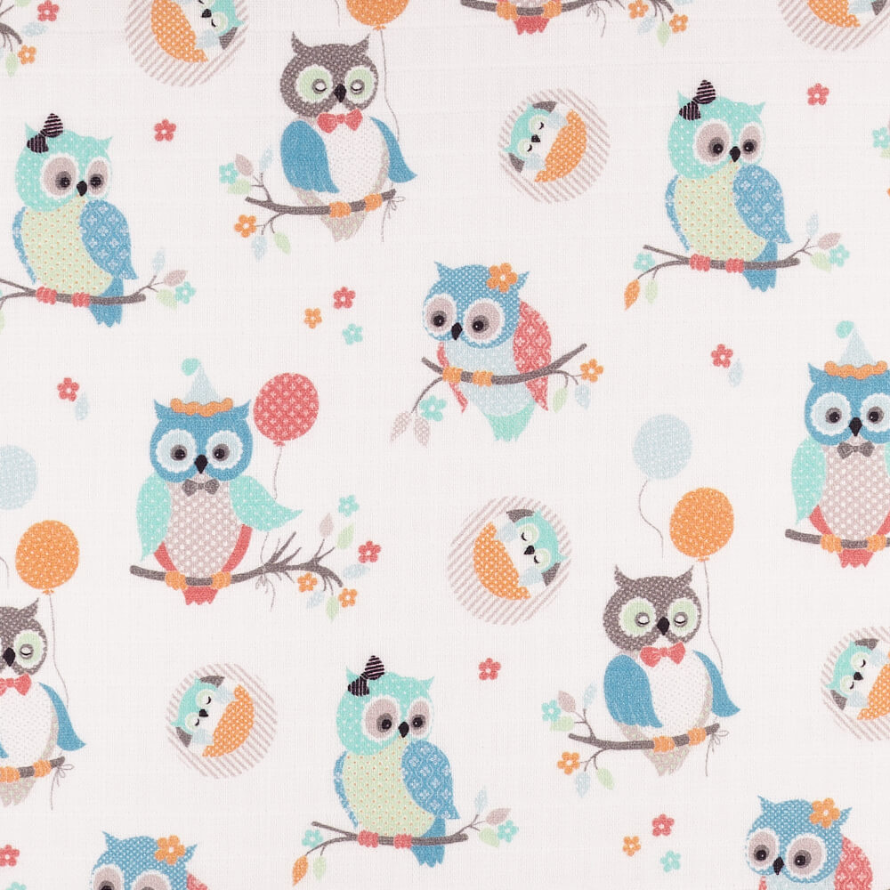 IC008 Muslin Blue / White Owlets 100% Cotton Fabric