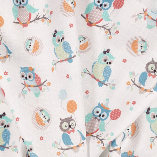 Fabric IC008 Muslin 100% Cotton Fabric Blue / White Owlets Softened