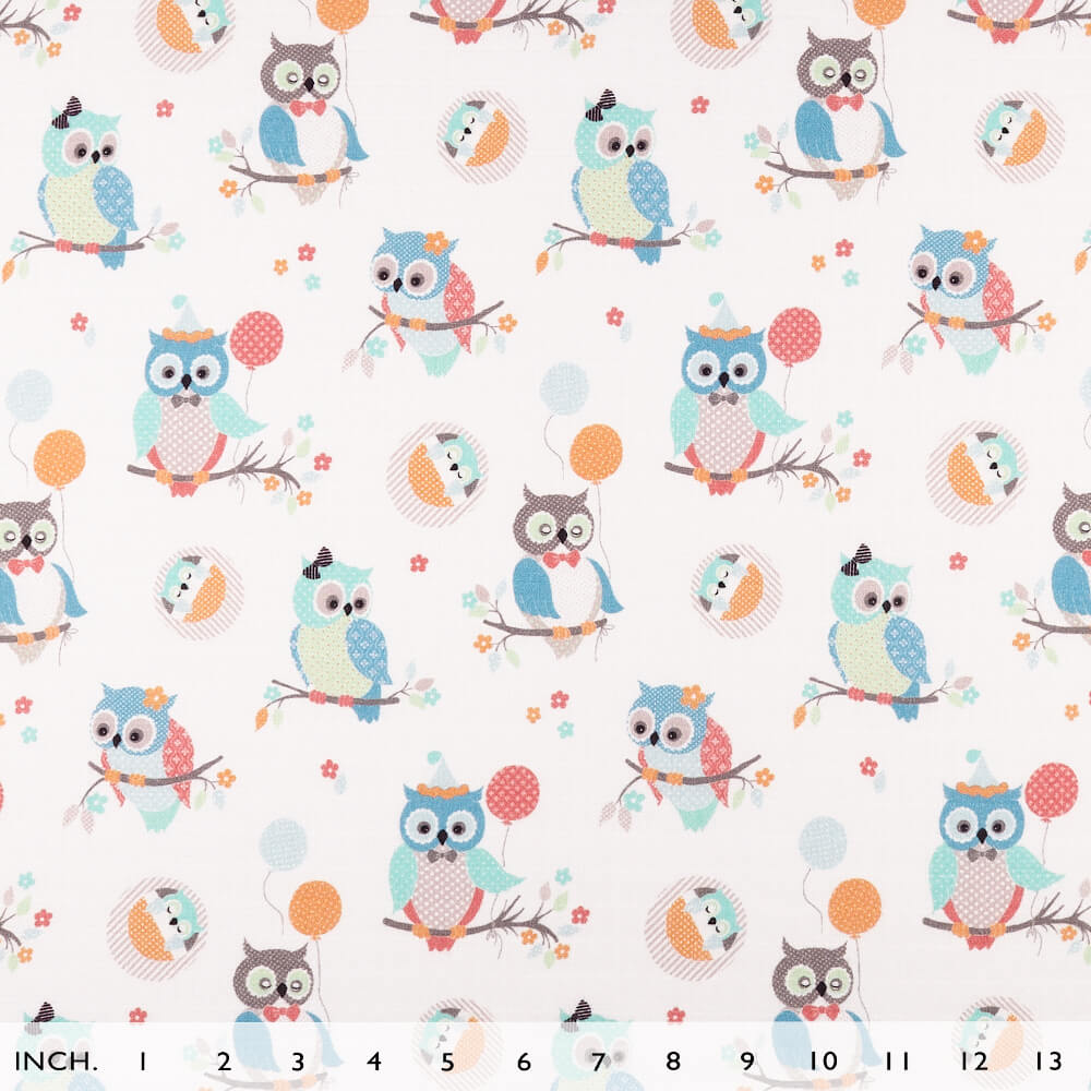IC008 Muslin 100% Cotton Fabric Blue / White Owlets Softened
