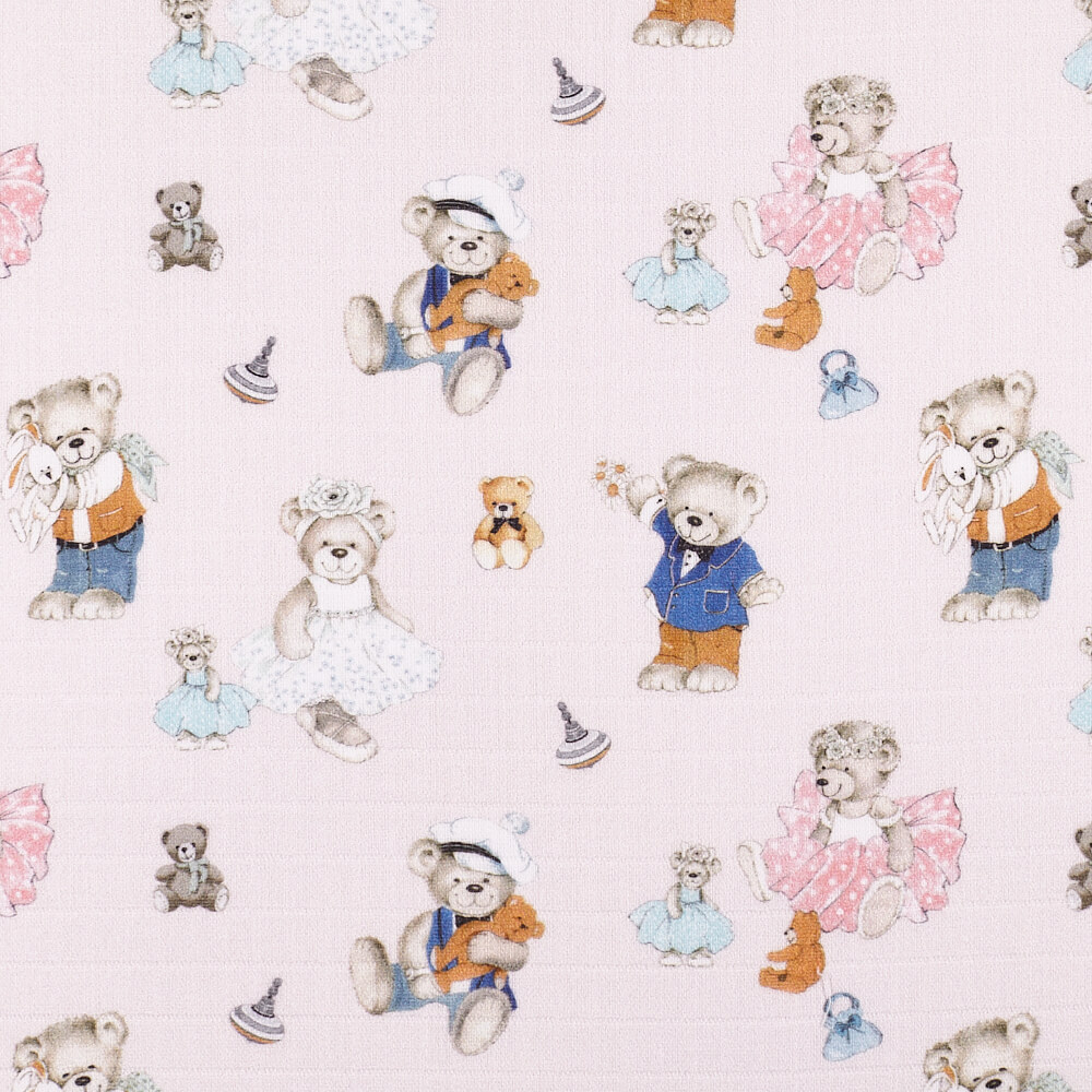 IC008 Muslin Pink / Mlt Joyful Teddies 100% Cotton Fabric