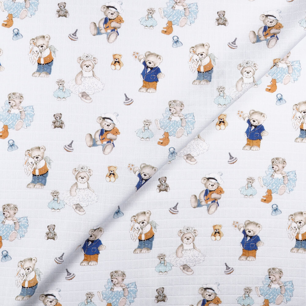 IC008 Muslin Blue / Mlt Joyful Teddies 100% Cotton Fabric