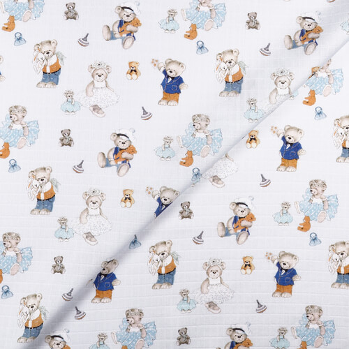 IC008 Muslin Blue / Mlt Joyful Teddies 100% Cotton Wholesale Fabric by the Bolt