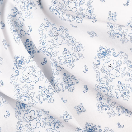 IC008 Muslin 100% Cotton Fabric White / Blue Teddy Bear Softened