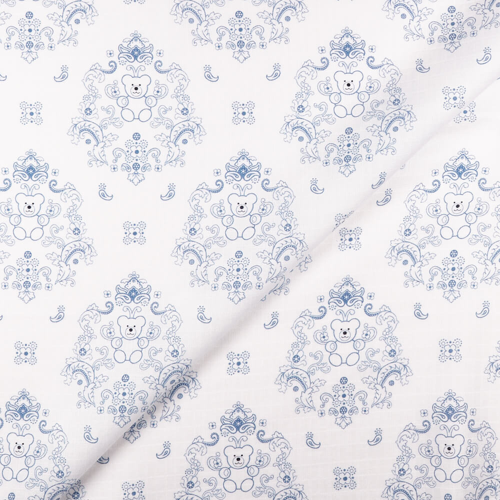 IC008 Muslin White / Blue Teddy Bear 100% Cotton Fabric