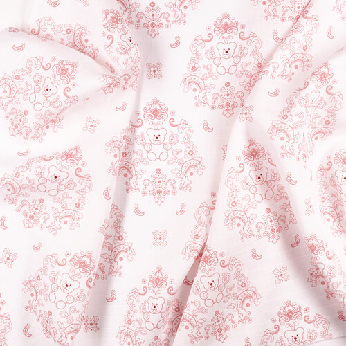 IC008 Muslin 100% Cotton Fabric White / Pink Teddy Bear Softened