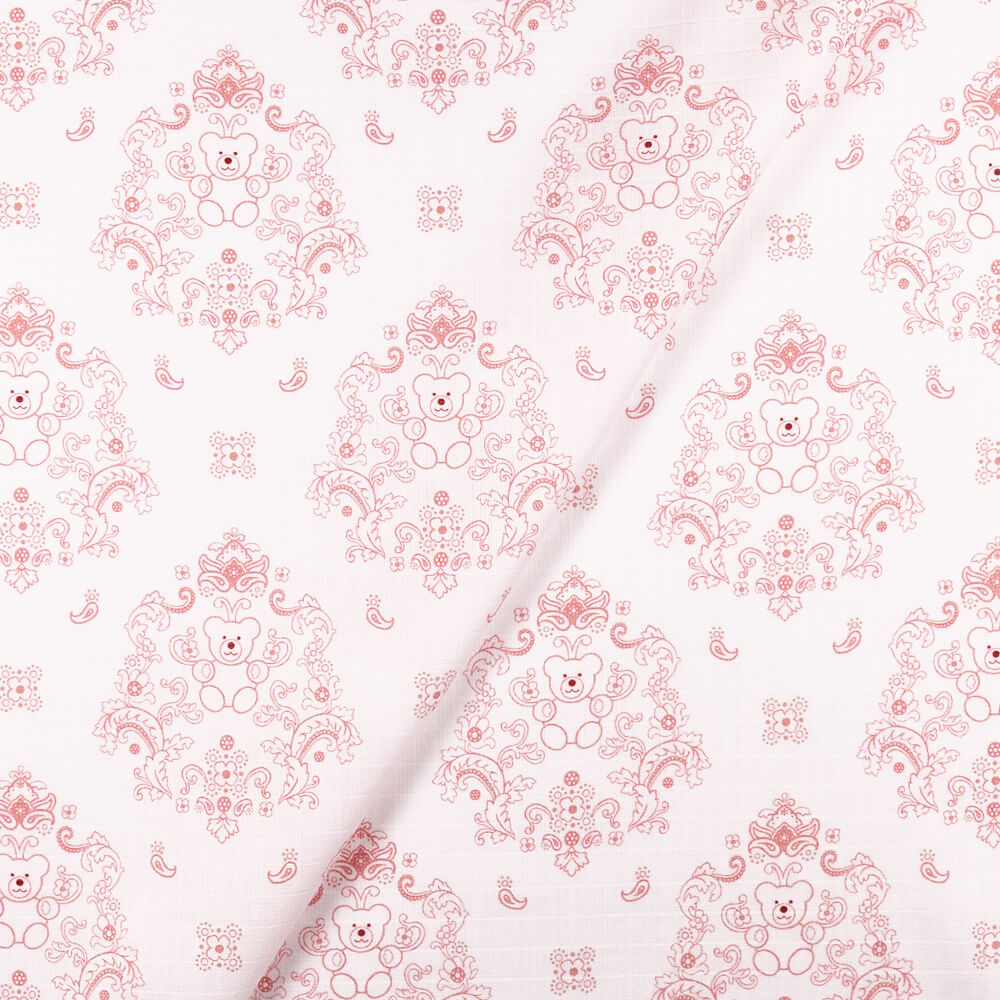 IC008 Muslin White / Pink Teddy Bear 100% Cotton Fabric