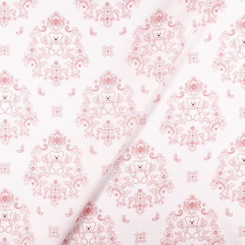 IC008 Muslin 100% Cotton Fabric White / Pink Teddy Bear Softened