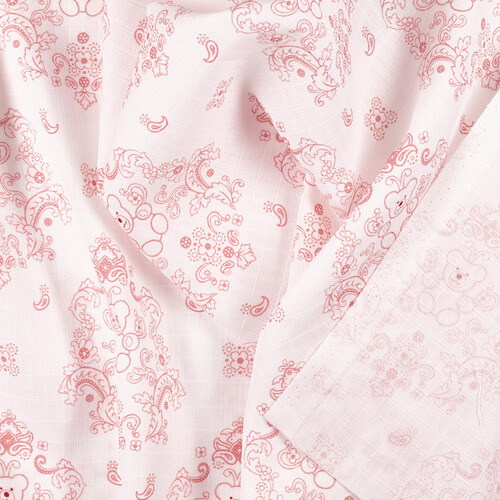 IC008 Muslin 100% Cotton Fabric White / Pink Teddy Bear Softened