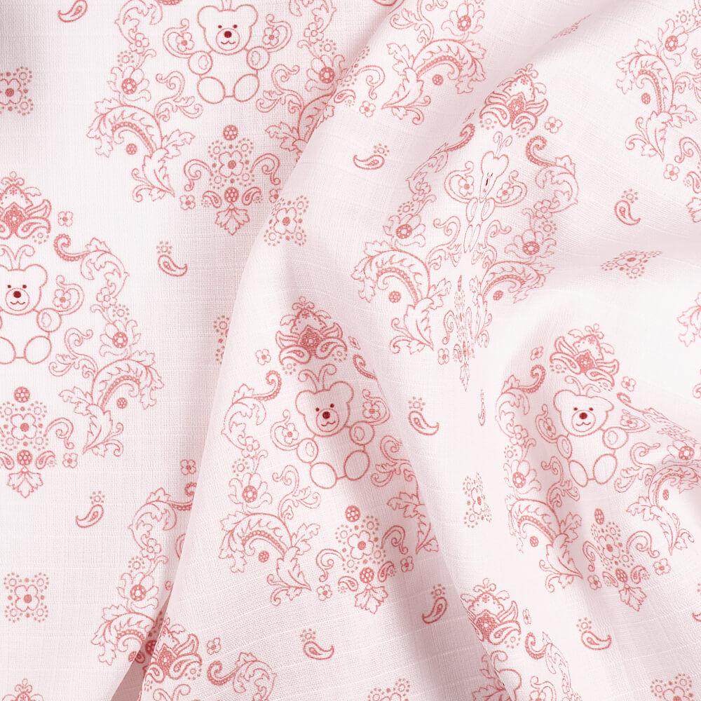IC008 Muslin 100% Cotton Fabric White / Pink Teddy Bear Softened