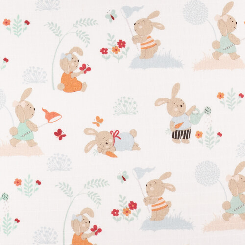 IC008 Muslin White / Mlt Rabbits In Garden 100% Cotton Wholesale Fabric by the Bolt
