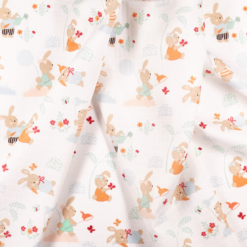 Fabric IC008 Muslin 100% Cotton Fabric White / Mlt Rabbits In Garden ...