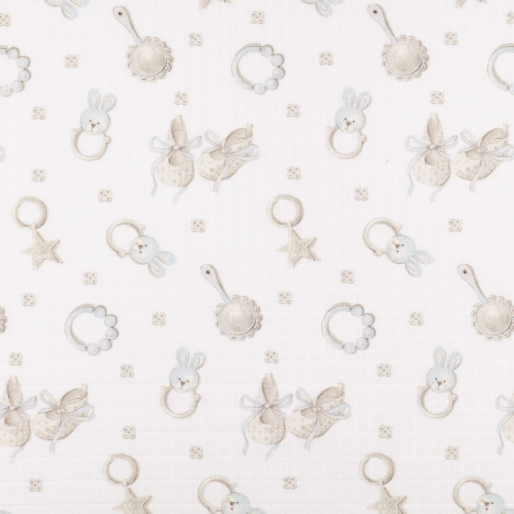 IC008 Muslin White / Blue Baby Rattle 100% Cotton Fabric