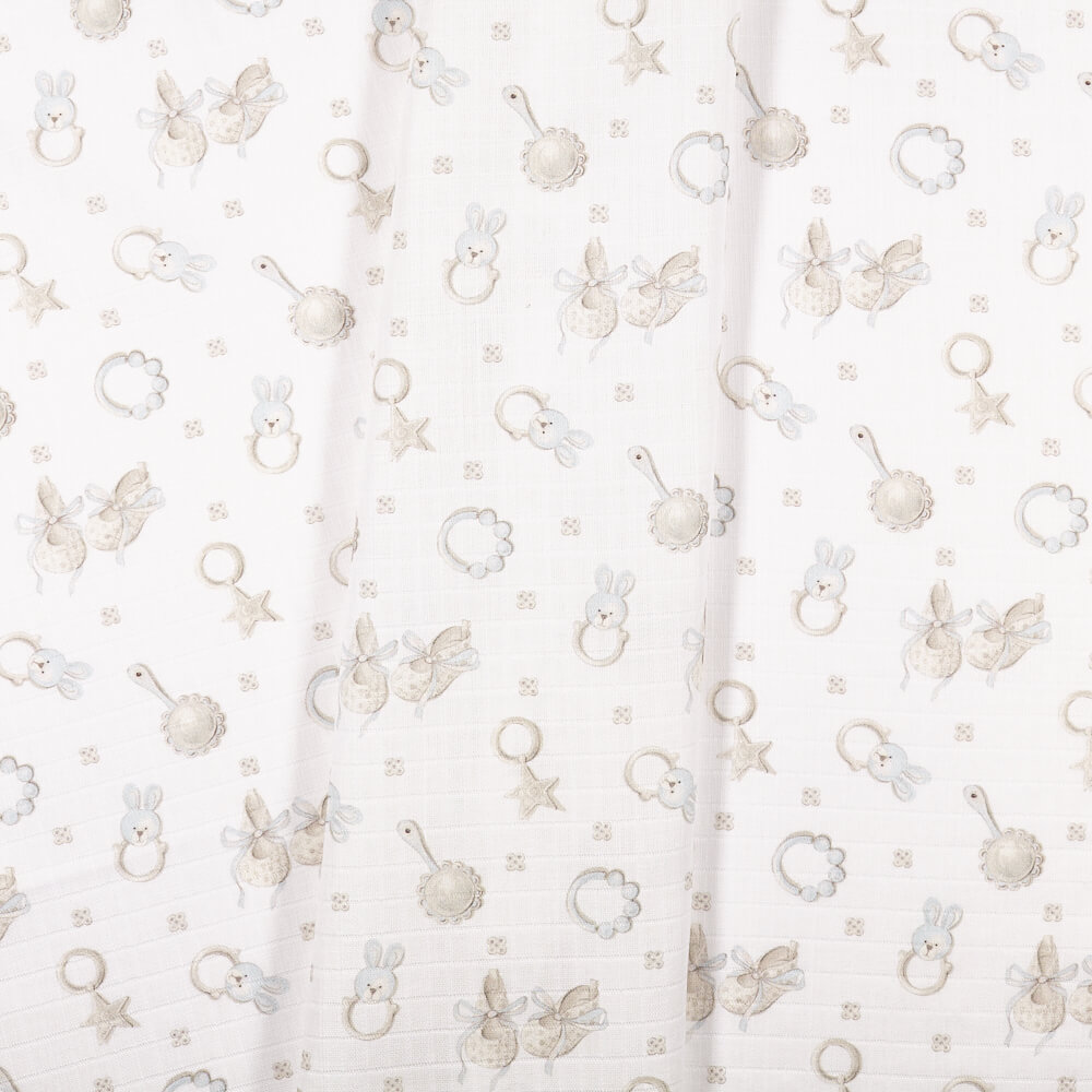 IC008 Muslin 100% Cotton Fabric White / Blue Baby Rattle Softened