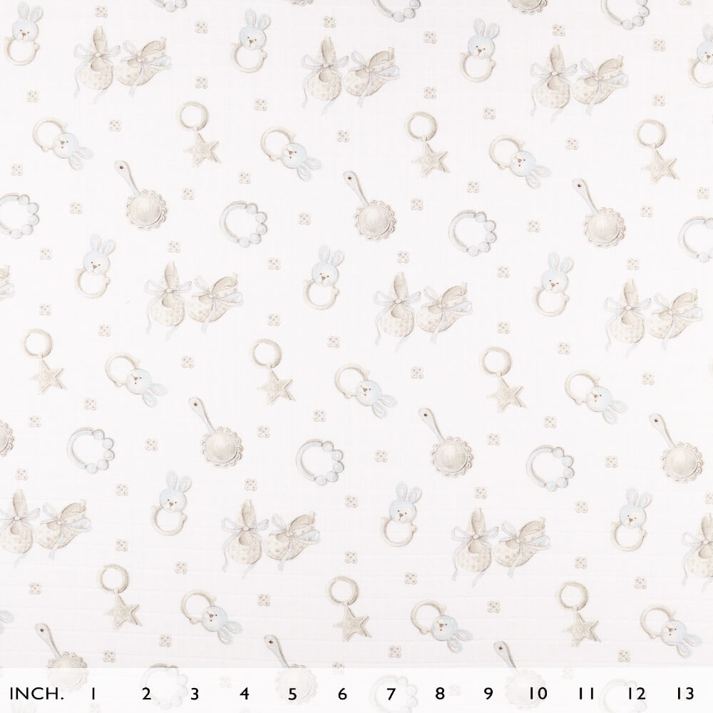 IC008 Muslin 100% Cotton Fabric White / Blue Baby Rattle Softened