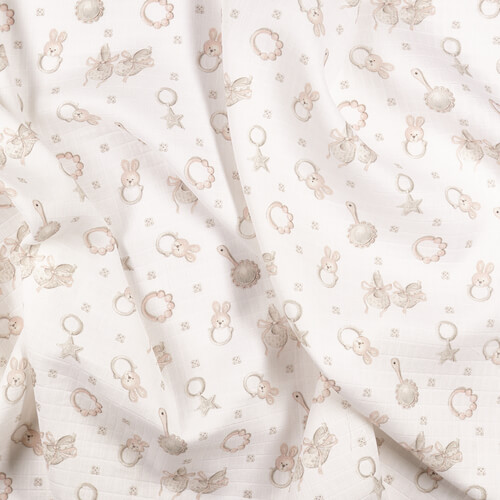 IC008 Muslin White / Pink Baby Rattle 100% Cotton Wholesale Fabric by the Bolt