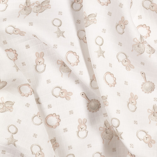 IC008 Muslin 100% Cotton Fabric White / Pink Baby Rattle Softened