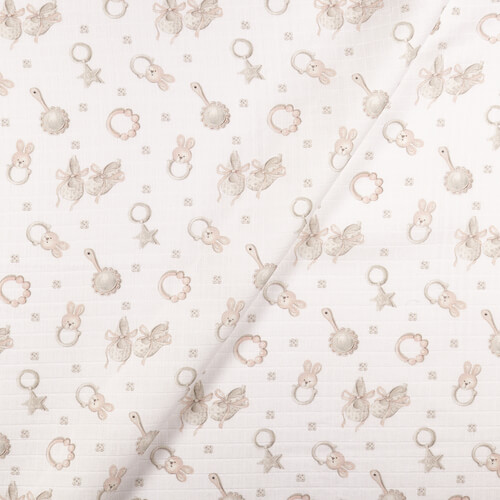 IC008 Muslin 100% Cotton Fabric White / Pink Baby Rattle Softened