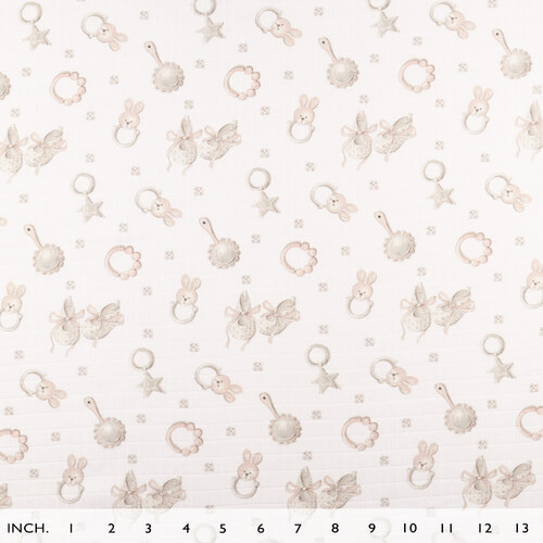 IC008 Muslin 100% Cotton Fabric White / Pink Baby Rattle Softened