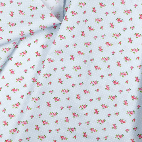 Fabric IC005 Percale 100% Cotton Fabric Blue / Mlt Baby Roses Softened