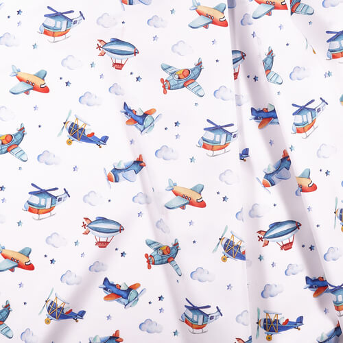 IC005 Percale White / Mlt Airplanes 100% Cotton Wholesale Fabric by the Bolt