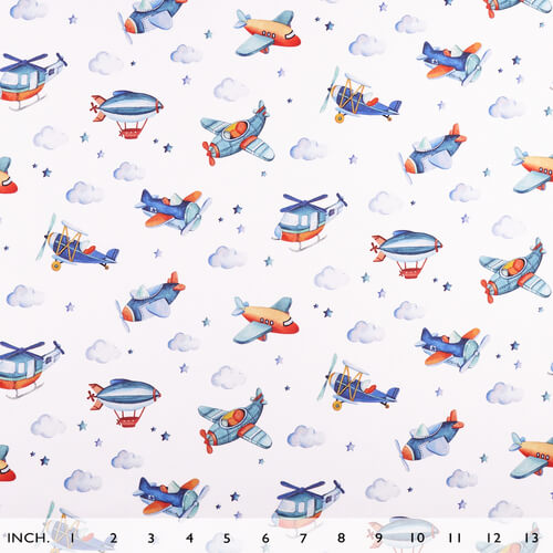 Fabric IC005 Percale 100% Cotton Fabric White / Mlt Airplanes Softened