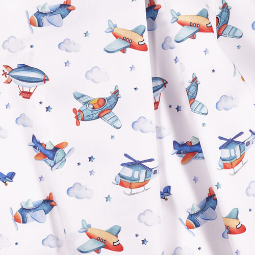 IC005 Percale 100% Cotton Fabric White / Mlt Airplanes Softened