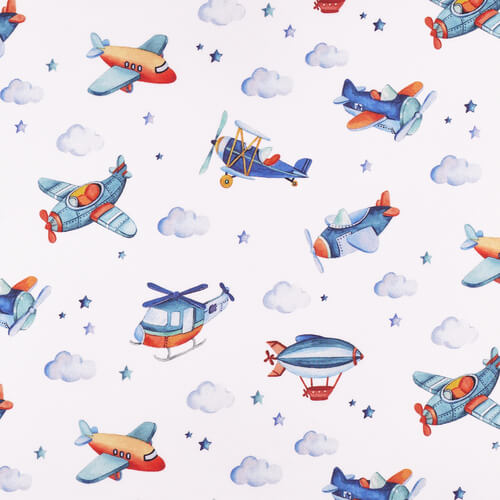 IC005 Percale 100% Cotton Fabric White / Mlt Airplanes Softened
