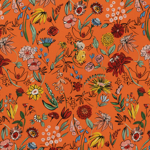 IC023 Faille Orange / Mlt Pablo Flowers 100% Cotton Wholesale Fabric by the Bolt