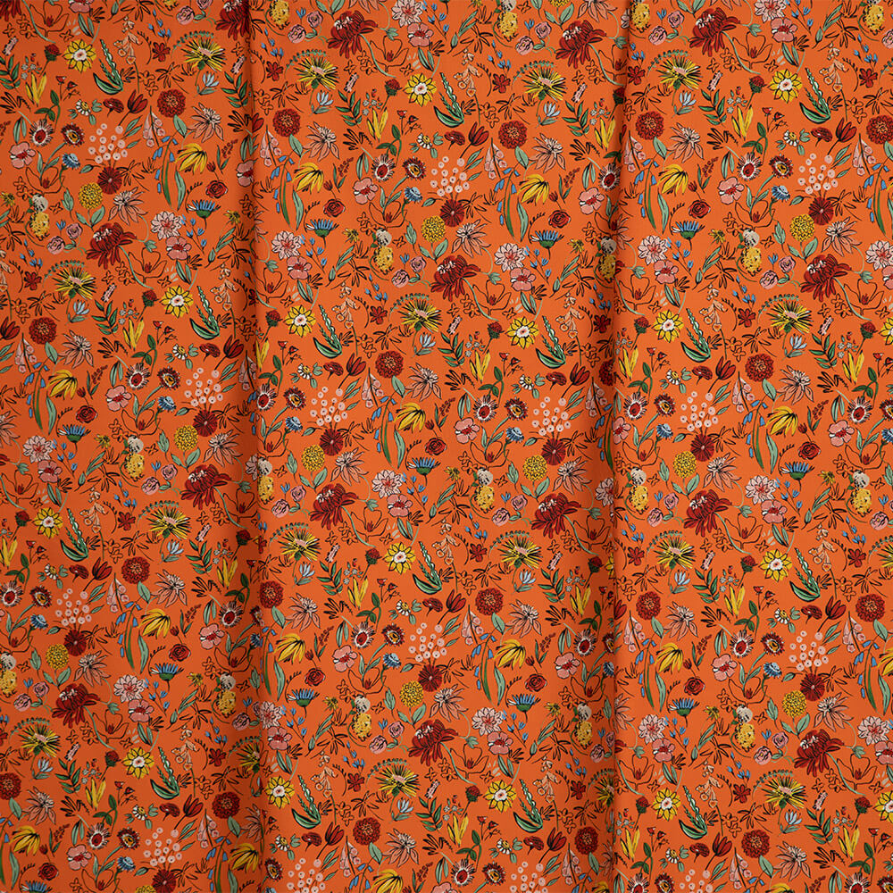 IC023 Faille 100% Cotton Fabric Orange / Mlt Pablo Flowers Softened