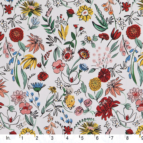 IC023 Faille 100% Cotton Fabric White / Mlt Pablo Flowers Softened