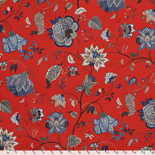 Fabric IC023 Faille 100% Cotton Fabric Red / Mlt Jacobean Jewelry Softened